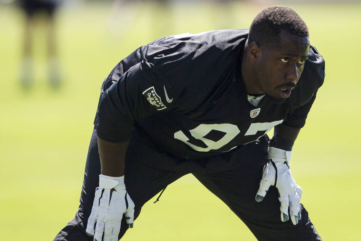 Raiders defensive tackle Damion Square (97) prepares to drill during team practice at the Raide ...