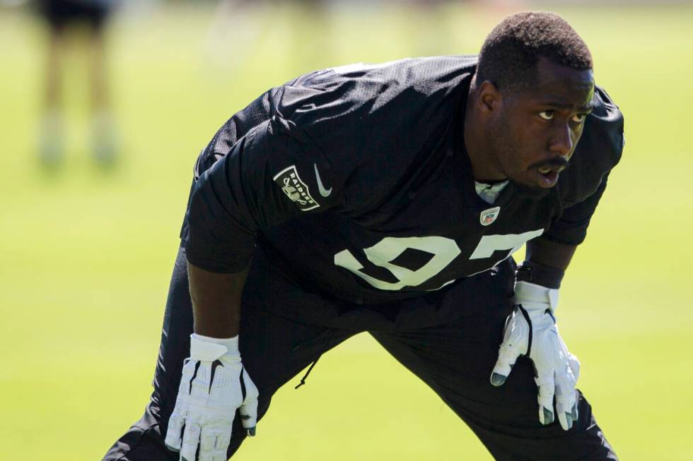 Raiders defensive tackle Damion Square (97) prepares to drill during team practice at the Raide ...