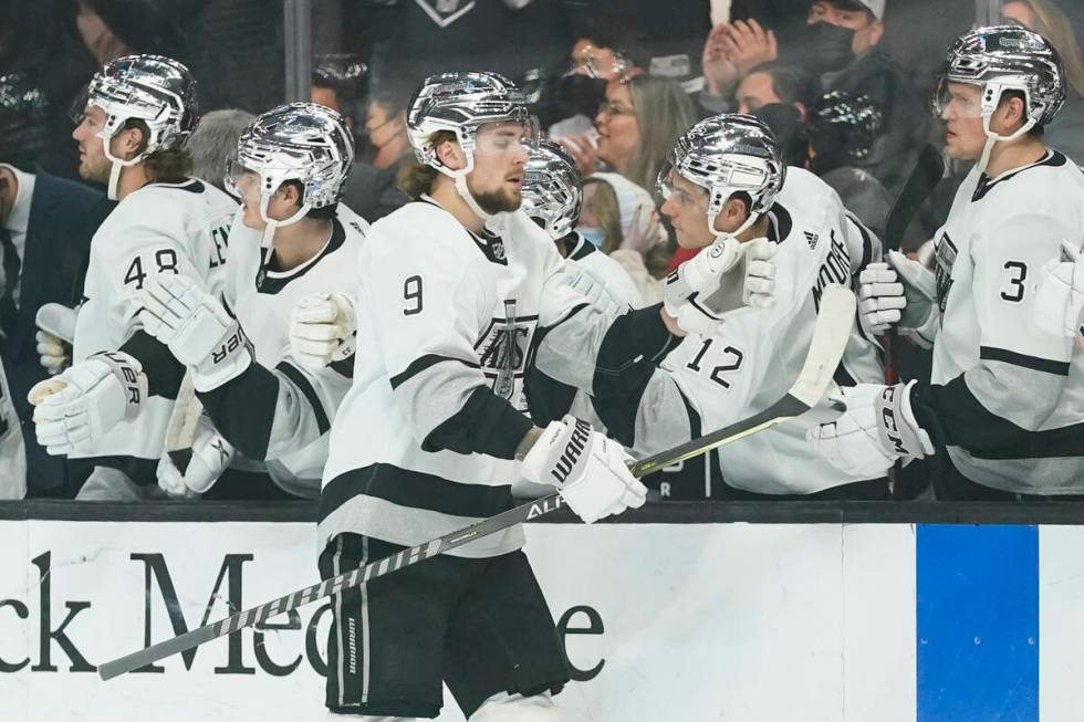 Los Angeles Kings center Adrian Kempe (9) celebrates after scoring during the first period of a ...