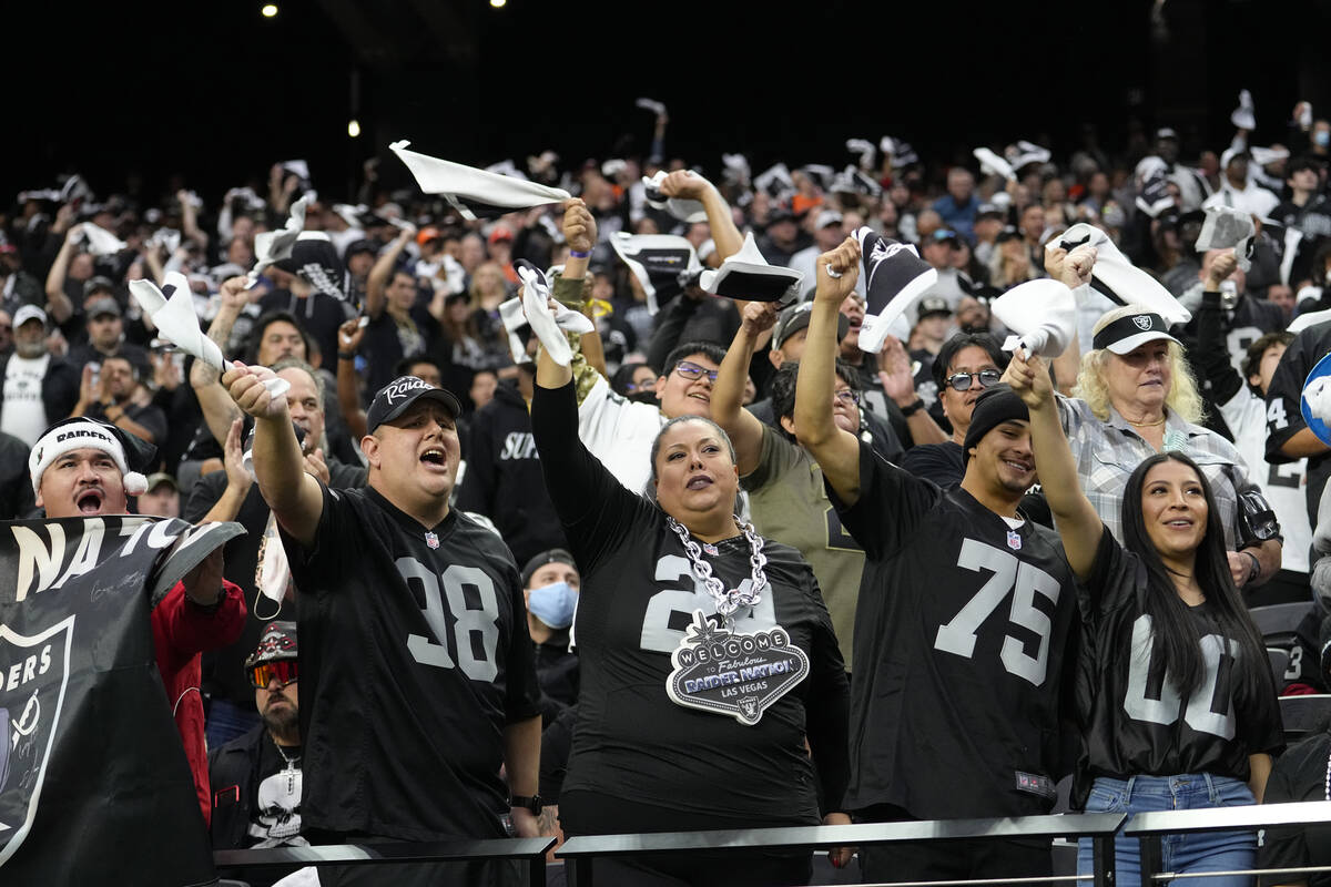 Las Vegas Raiders fans are seen during the first half of an NFL football game against the Denve ...