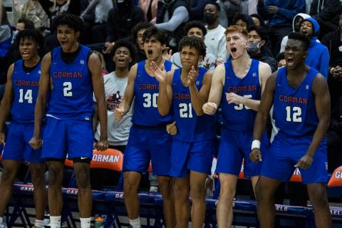 Bishop Gorman players reacts to a play against Liberty High during Platinum Division boys baske ...
