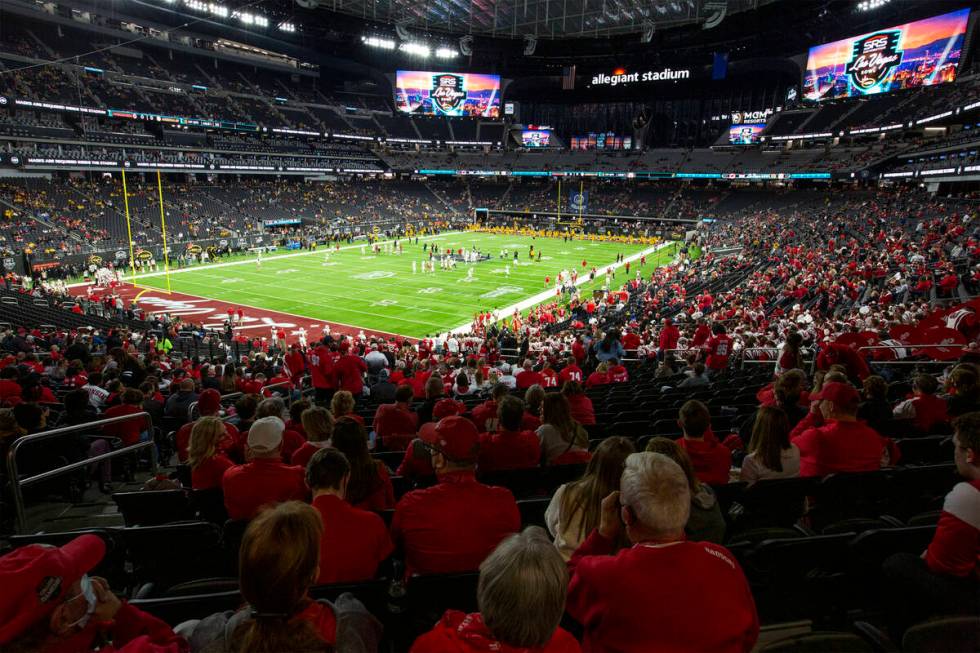 The Wisconsin Badgers fan section looks out on the field at Allegiant Stadium before the Las Ve ...