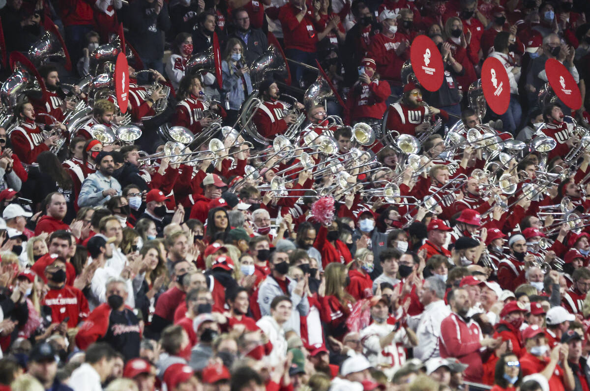 The Wisconsin Badgers marching band performs during the first half of the Las Vegas Bowl NCAA c ...