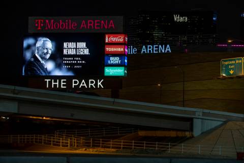 Strip marquee on T-Mobile Arena in honor of Harry Reid following his death on Wednesday, Dec. 2 ...
