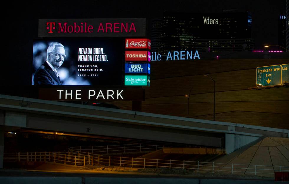Strip marquee on T-Mobile Arena in honor of Harry Reid following his death on Wednesday, Dec. 2 ...