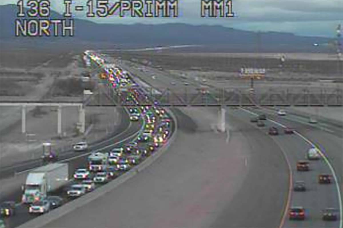 Traffic is backed up on southbound Interstate 15 near Primm on Thursday afternoon, Dec. 30, 202 ...