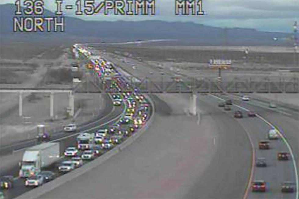 Traffic is backed up on southbound Interstate 15 near Primm on Thursday afternoon, Dec. 30, 202 ...