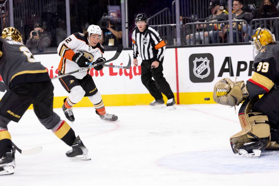 Ducks left wing Sonny Milano (12) shoots against Golden Knights goaltender Laurent Brossoit (39 ...