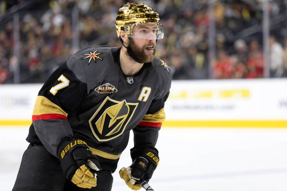 Golden Knights defenseman Alex Pietrangelo (7) eyes the puck during the second period of an NHL ...