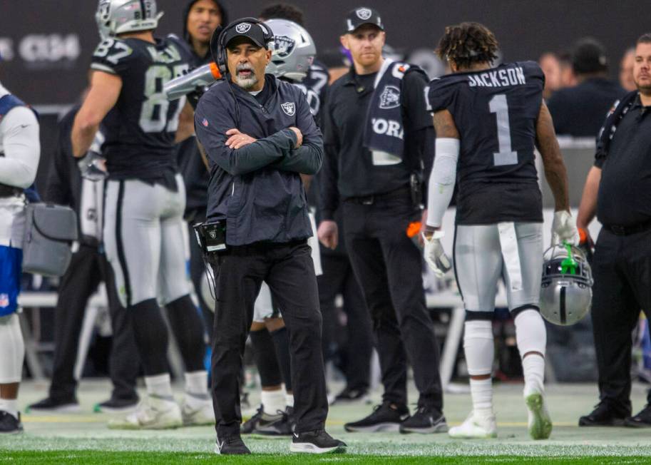Raiders interim head coach Rich Bisaccia instructs the team from the sideline during the first ...