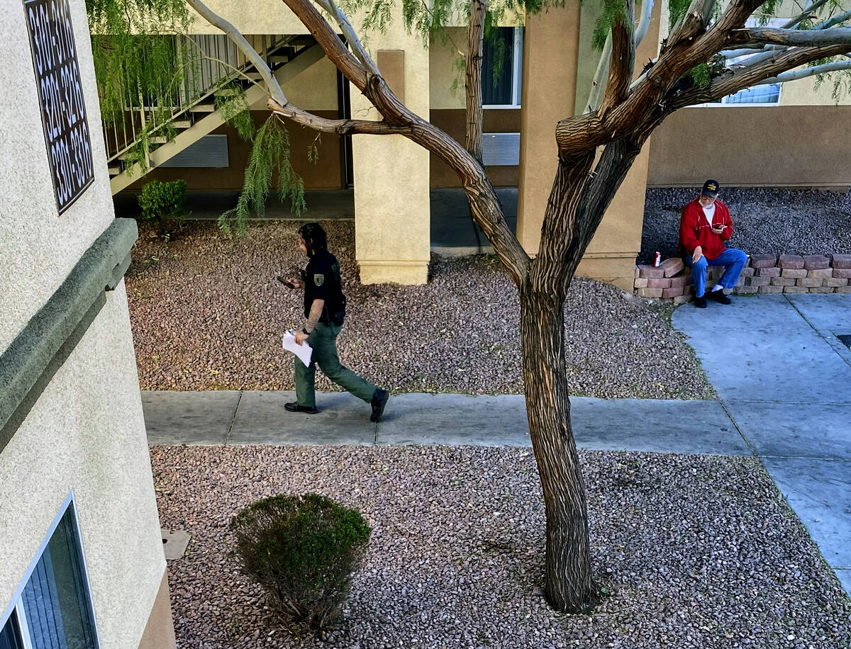 A security guard patrols the many buildings at Siena Suites on Oct. 26, 2021, in Las Vegas. (L ...