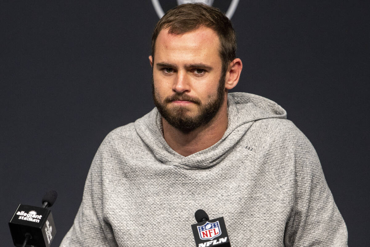 Raiders wide receiver Hunter Renfrow (13) meets with the media during a postgame news conferenc ...