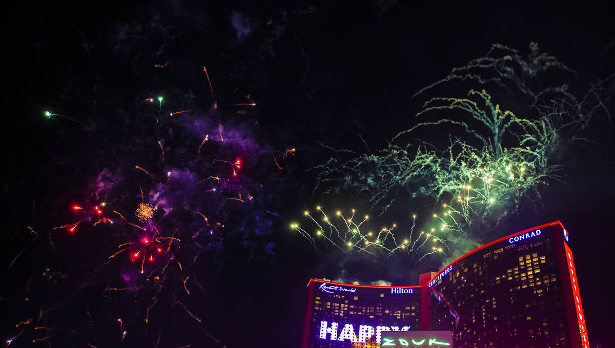 Fireworks above Resorts World on New Year’s Eve on Saturday, Jan. 1, 2022, in Las Vegas. ...