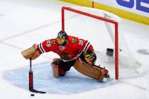 Chicago Blackhawks goaltender Marc-Andre Fleury defends against the New York Rangers during the ...