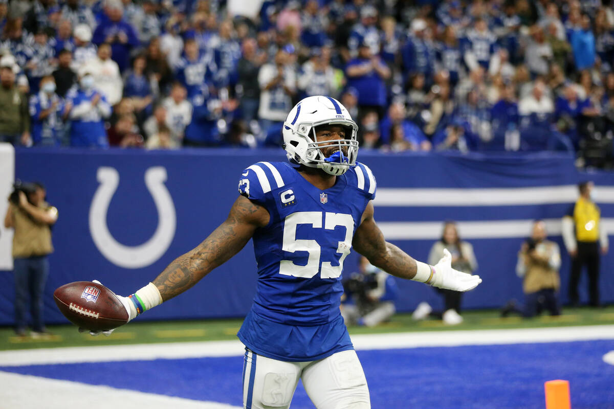 Indianapolis Colts outside linebacker Darius Leonard (53) reacts after intercepting the ball in ...