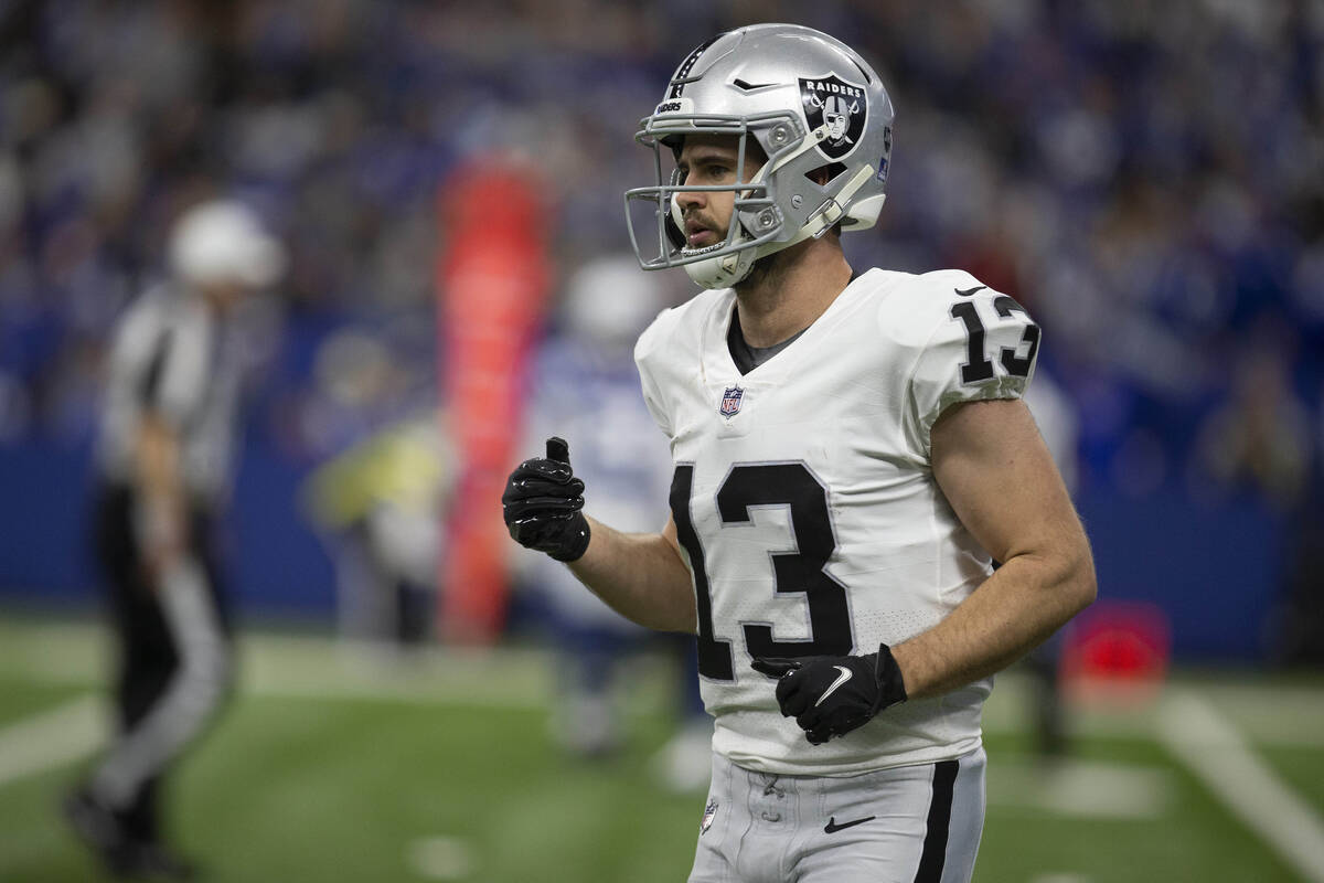 Raiders wide receiver Hunter Renfrow (13) sets up at the line of scrimmage during the second ha ...