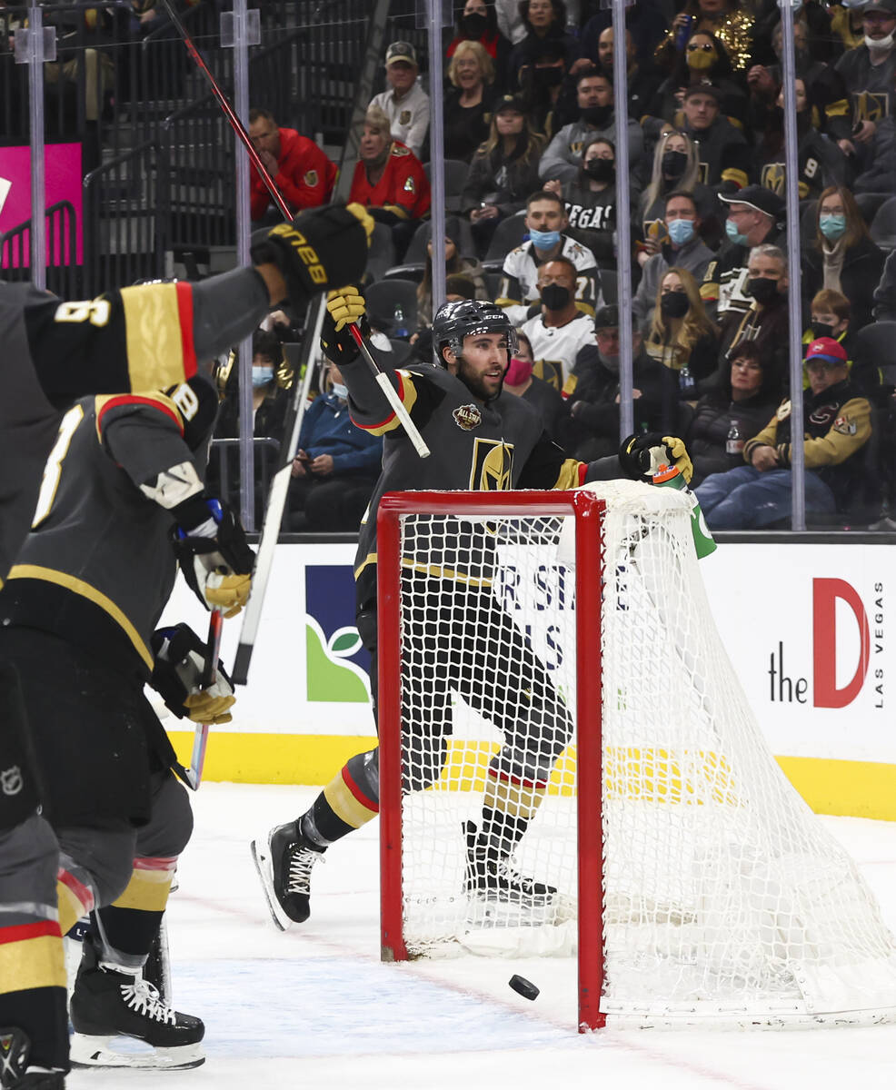 Golden Knights center Michael Amadio celebrates his goal against the Winnipeg Jets during the f ...