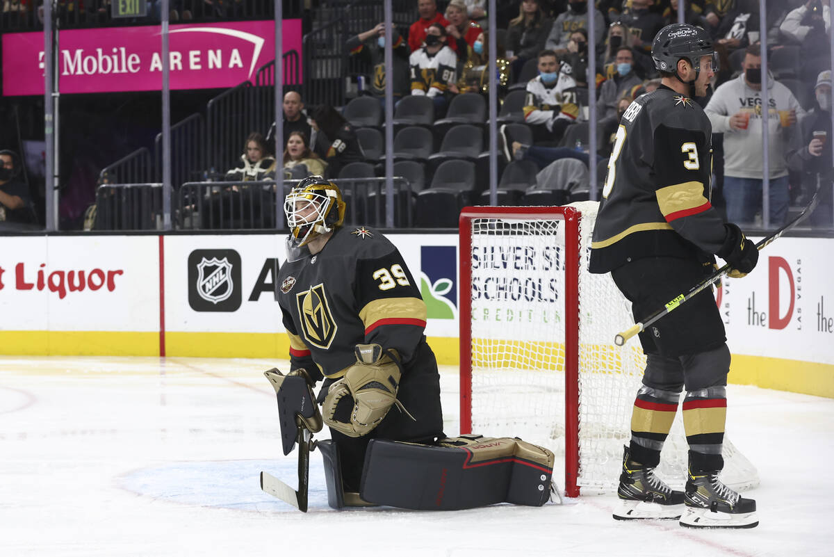 Golden Knights goaltender Laurent Brossoit (39) looks on after giving up a goal to the Winnipeg ...