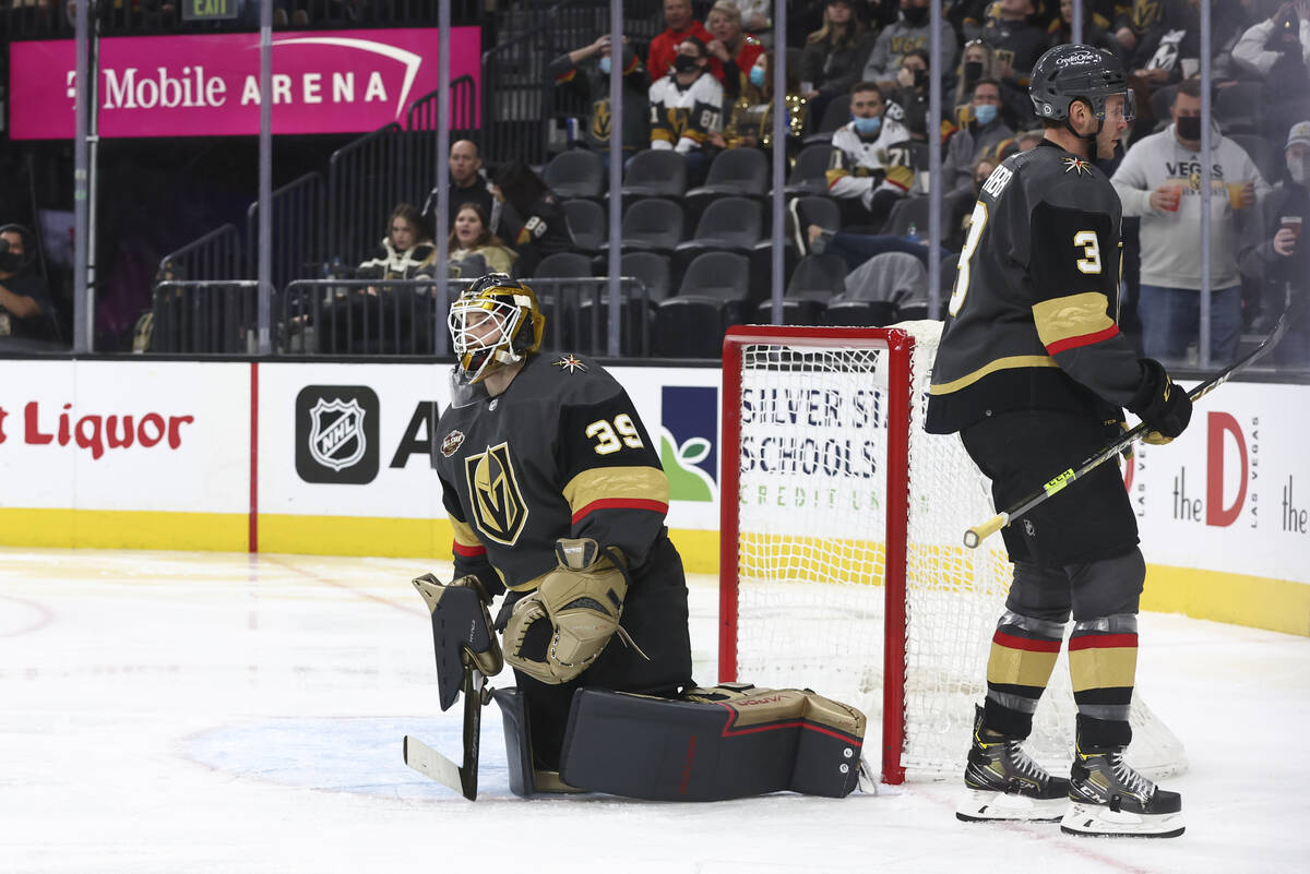 Golden Knights goaltender Laurent Brossoit (39) looks on after giving up a goal to the Winnipeg ...