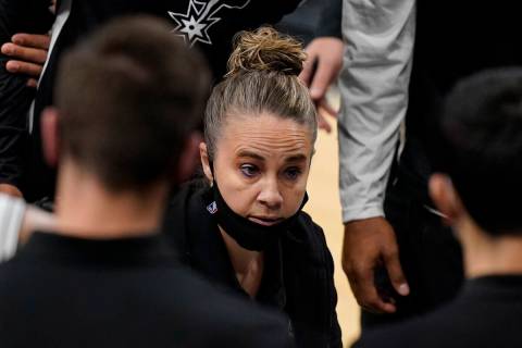San Antonio Spurs assistant coach Becky Hammon calls a play during a timeout in the second half ...