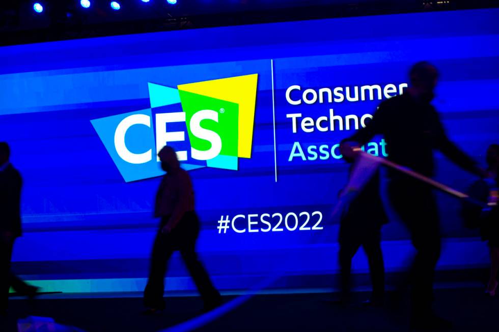 The stage is set for a keynote session at CES at The Venetian Expo on Wednesday, Jan. 5, 2022, ...