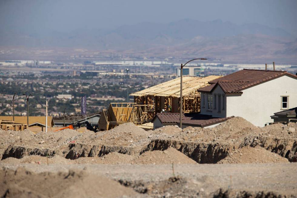 Homes under construction in the Skye Canyon master-planned community in Las Vegas, Friday, Aug. ...