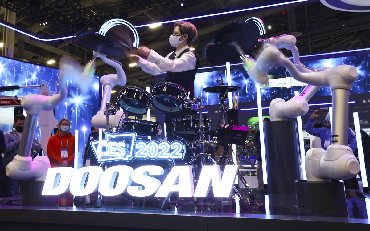 Min Jin Choi performs on a drum set using collaborative M series robot arms by Doosan during CE ...