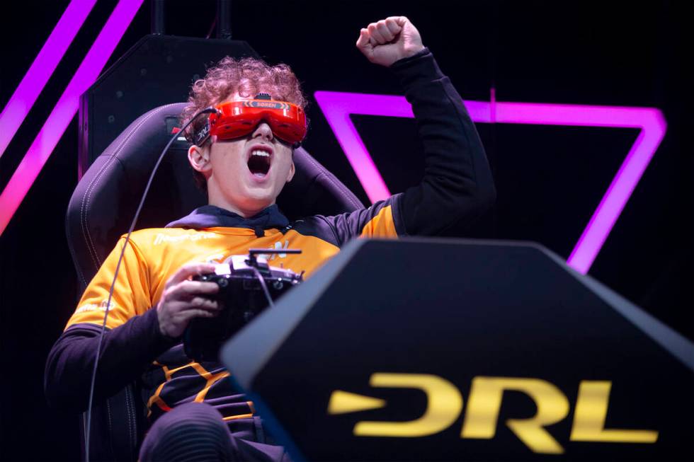 Soren, an 18-year-old drone pilot from Vermont, cheers as he wins a semifinal race during the D ...