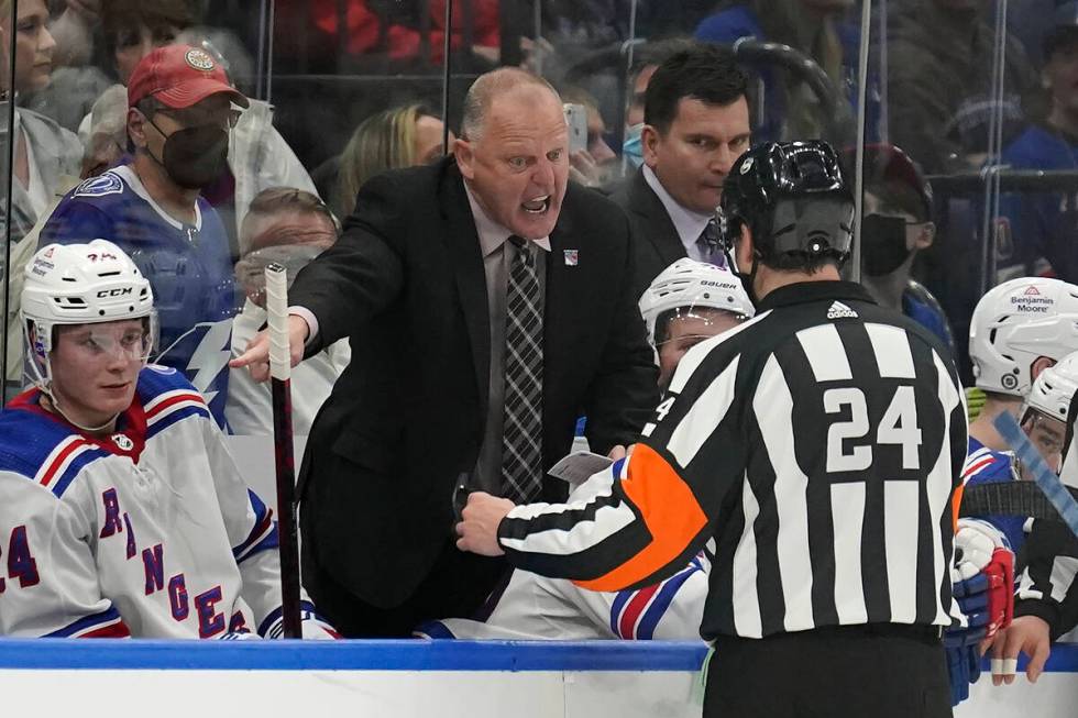 New York Rangers head coach Gerard Gallant yells at referee Graham Skiliter (24) during the thi ...