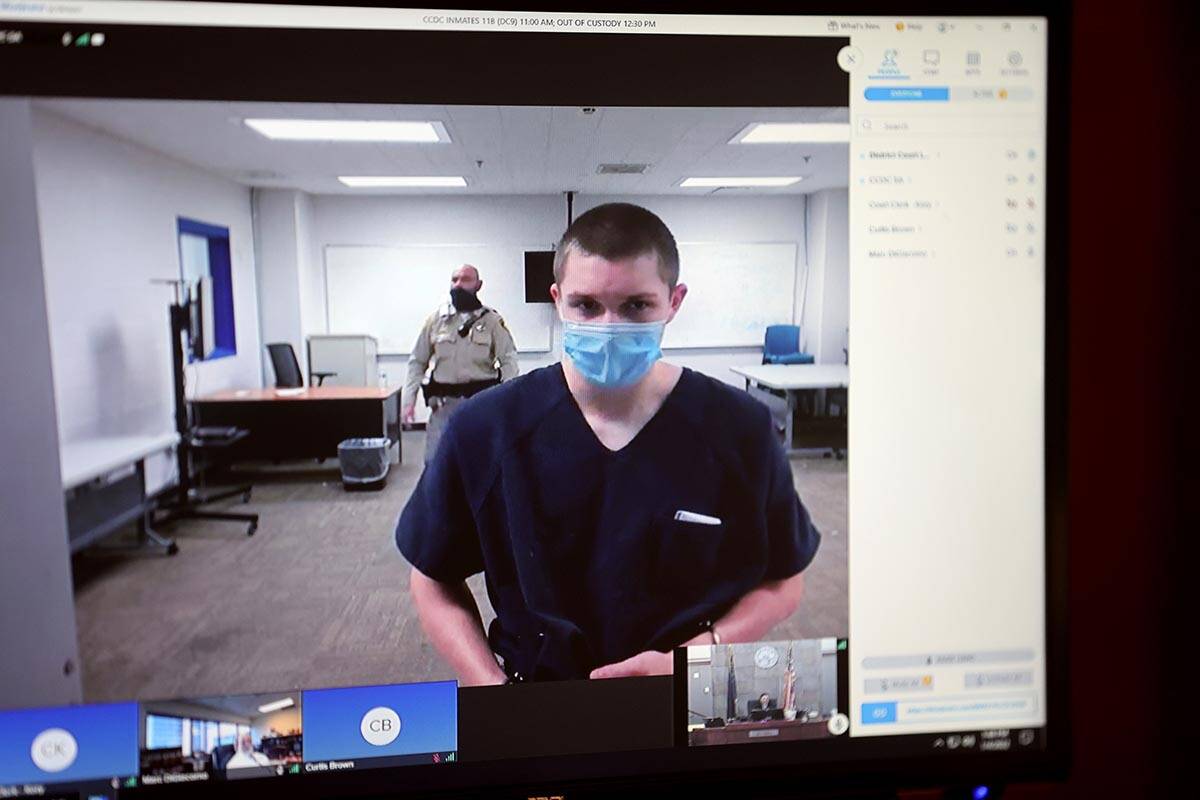 Ethan Goin, 16, appears in court via video during an evidentiary hearing at the Regional Justic ...