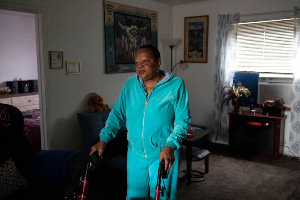 Esther Stokes, 74, in her unit at Desert Plaza Apartments on Tuesday, Dec. 21, 2021 in Las Vega ...