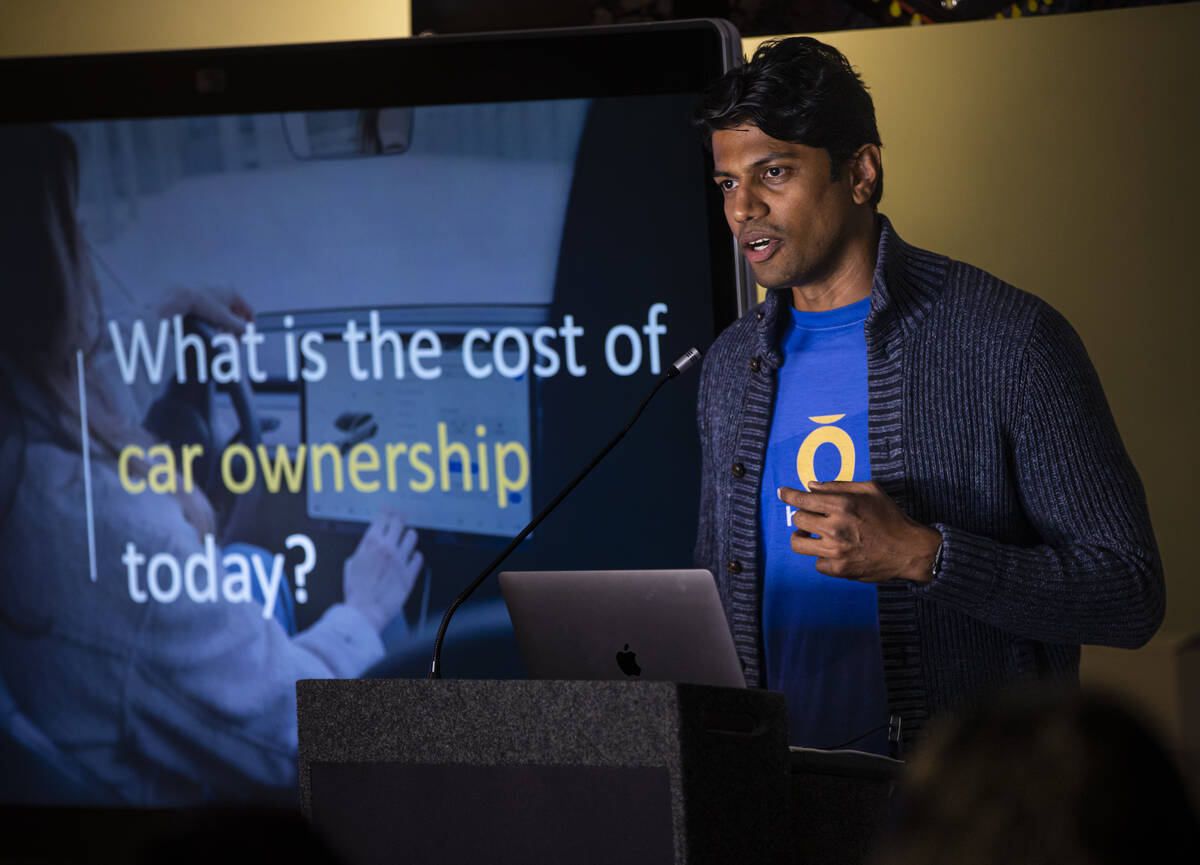Anand Nandakumar, founder and CEO of Halo.Car, speaks during a showcase of the Las Vegas Smart ...