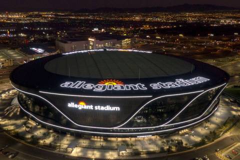 Aerial view of Allegiant Stadium at dusk on Thursday, January 6, 2022. (Michael Quine/Las Vegas ...