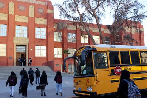 Students arrive at Las Vegas Academy on the first day of school after winter break Wednesday, J ...