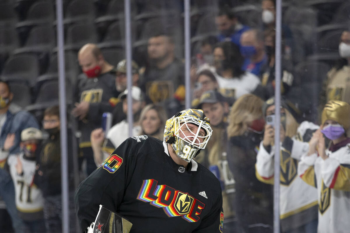 Golden Knights goaltender Robin Lehner (90) wears a Pride Knight jersey during warmups before a ...