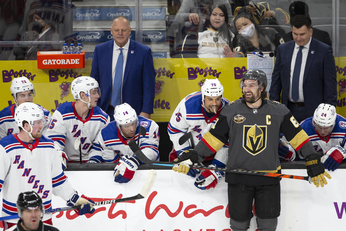Rangers right wing Ryan Reaves (75), a former Golden Knight, and Golden Knights right wing Mark ...