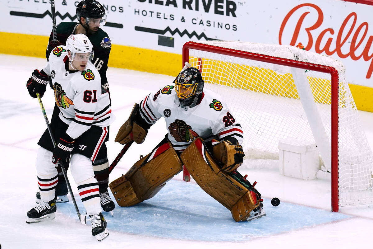 Chicago Blackhawks goaltender Marc-Andre Fleury (29) gives up a goal to Arizona Coyotes' Clayto ...
