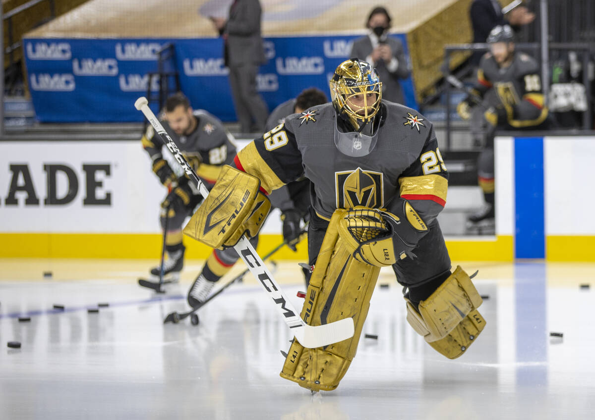 Golden Knights goaltender Marc-Andre Fleury (29) takes the ice during warm ups before the first ...