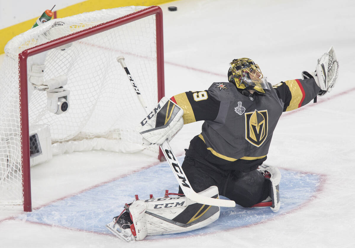 Golden Knights goaltender Marc-Andre Fleury (29) makes a save in the first period during Vegas' ...
