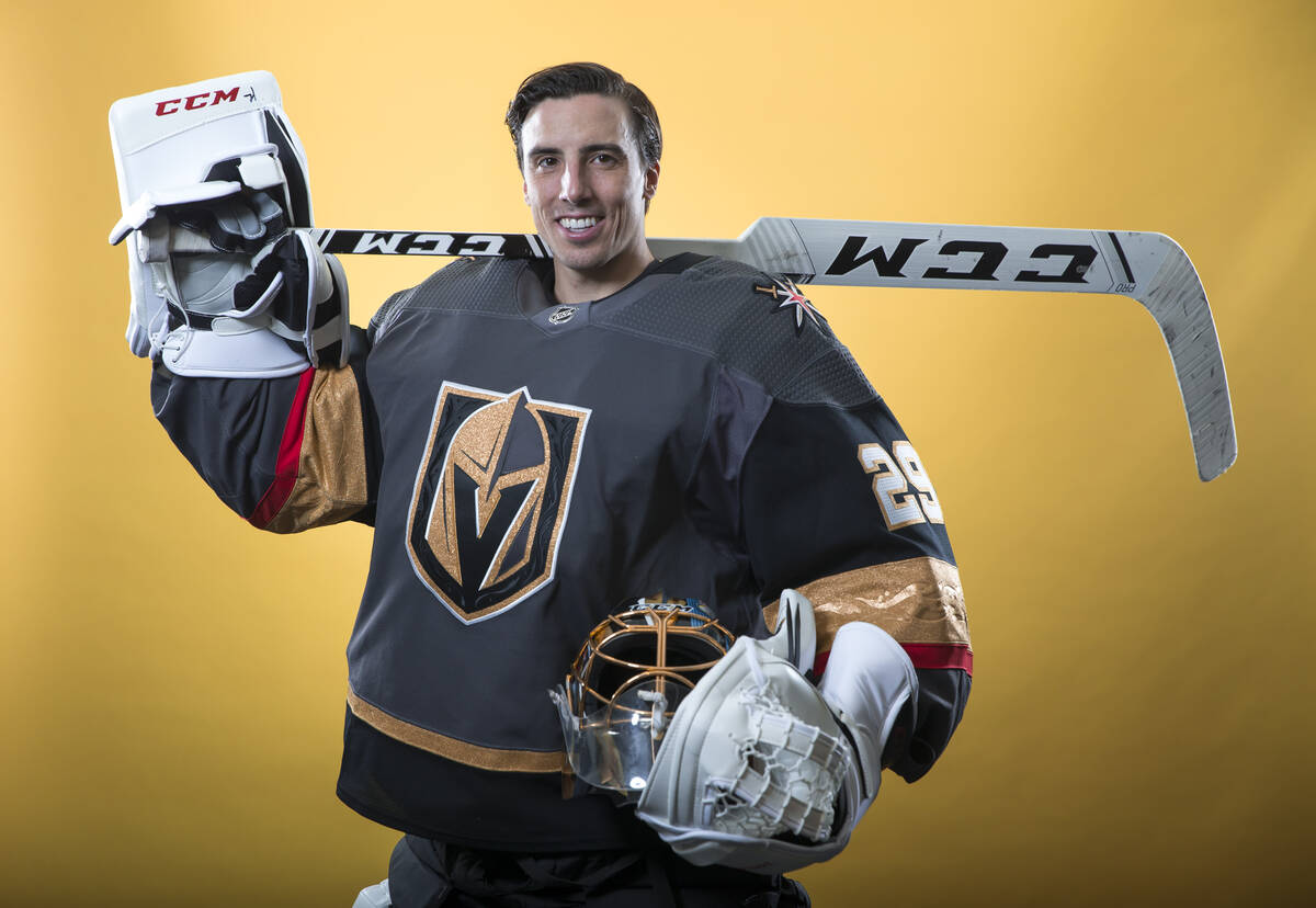 Vegas Golden Knights goaltender Marc-Andre Fleury (29) poses for a portrait during the NHL team ...
