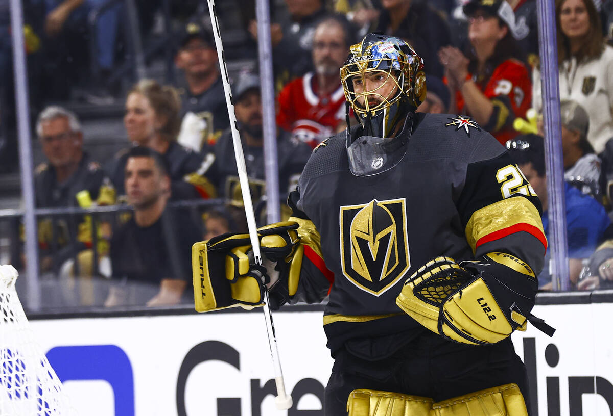 Golden Knights goaltender Marc-Andre Fleury (29) looks on during a break in play in the first p ...