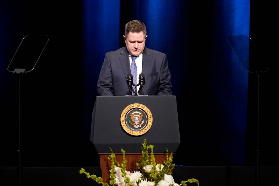 Key Reid, son of former Senate Majority Leader Harry Reid, speaks during a memorial service for ...
