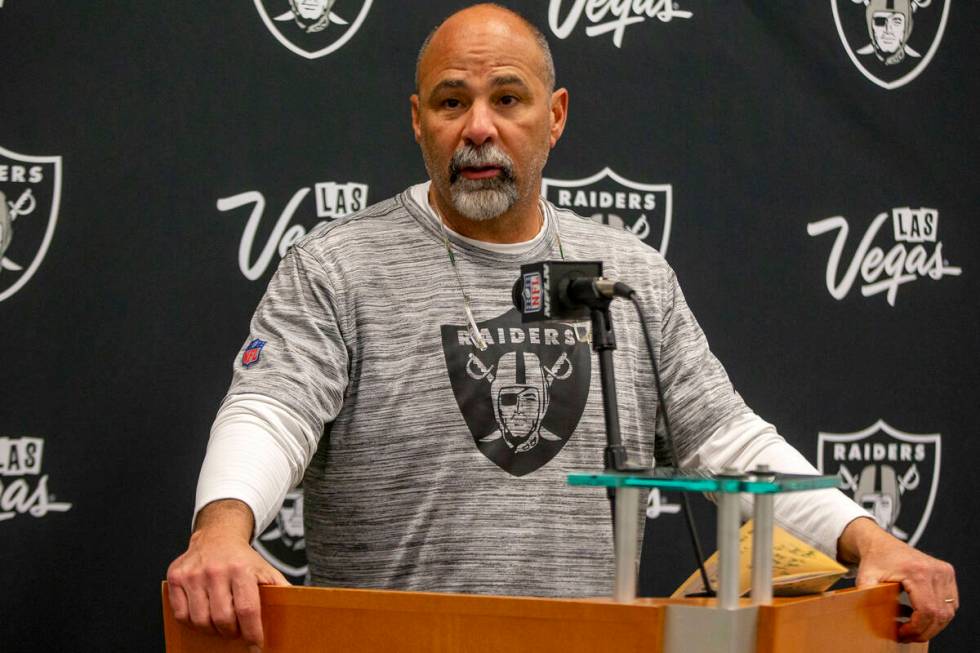 Raiders interim head coach Rich Bisaccia addresses the media after an NFL football game where t ...