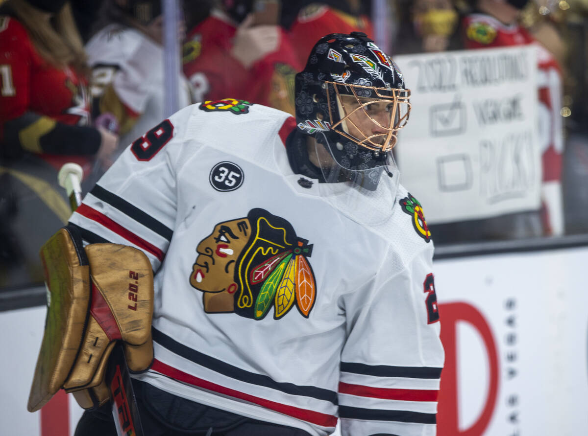 Chicago Blackhawks goaltender Marc-Andre Fleury (29) skates around the ice during warm ups befo ...