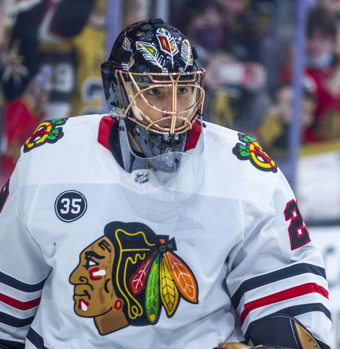 Chicago Blackhawks goaltender Marc-Andre Fleury (29) skates around the ice during warm ups befo ...