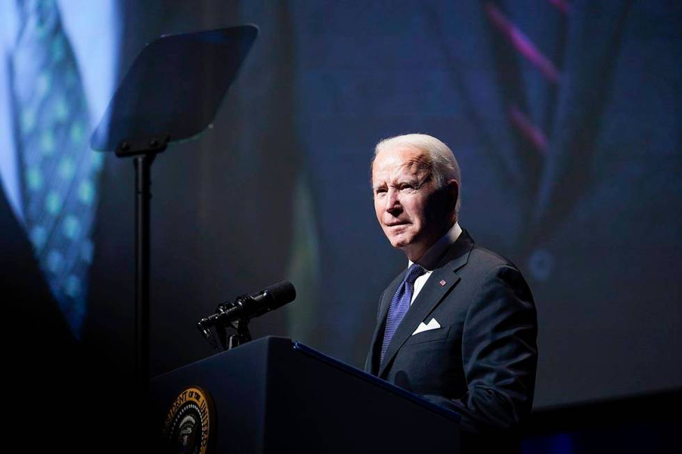 President Joe Biden speaks during a memorial service for former Senate Majority Leader Harry Re ...
