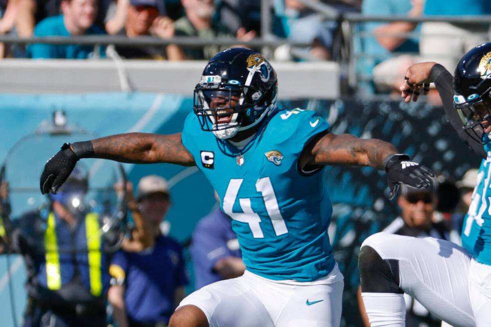 Jacksonville Jaguars outside linebacker Josh Allen (41) celebrates after sacking Indianapolis C ...