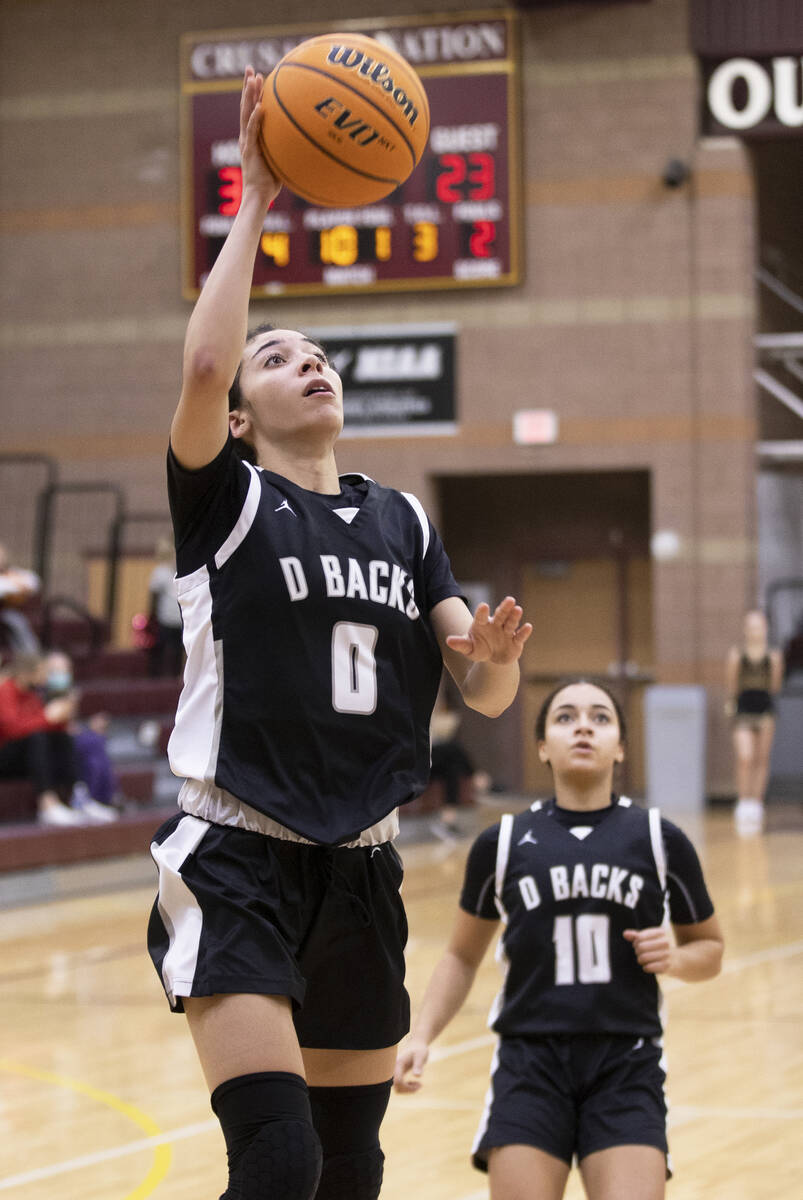 Desert Oasis’ Olivia Bigger (0) drives to the rim in the second half during a girls high ...