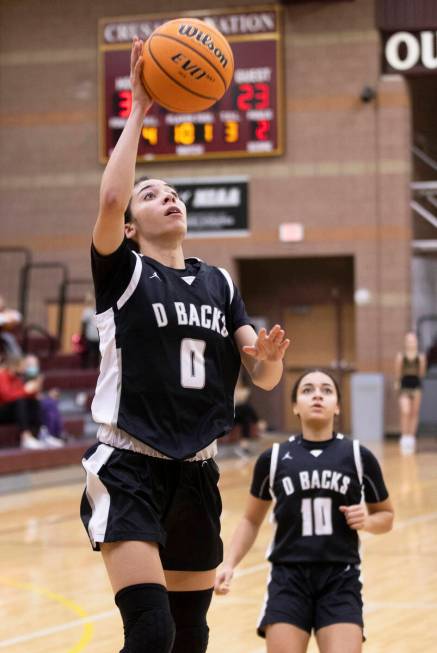Desert Oasis’ Olivia Bigger (0) drives to the rim in the second half during a girls high ...