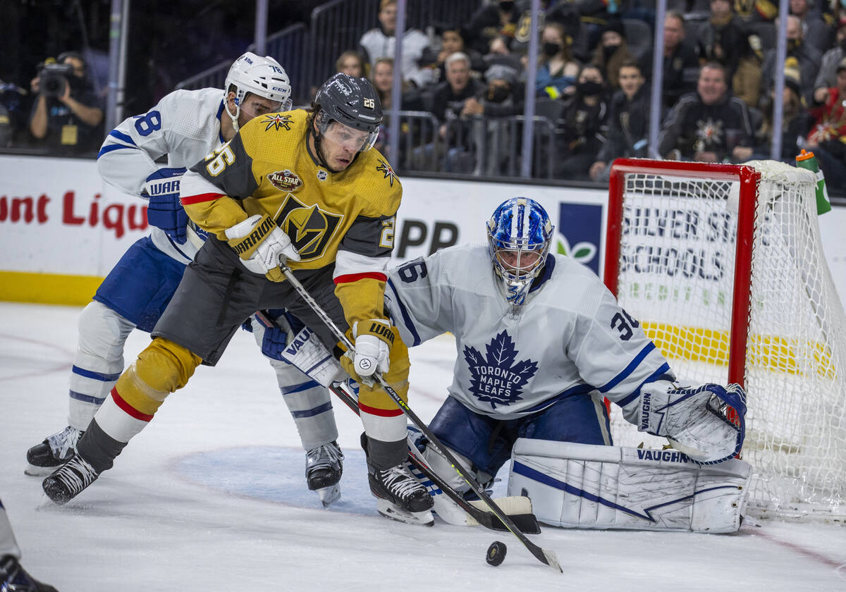 Golden Knights center Mattias Janmark (26) looks for a shot as Toronto Maple Leafs goaltender J ...